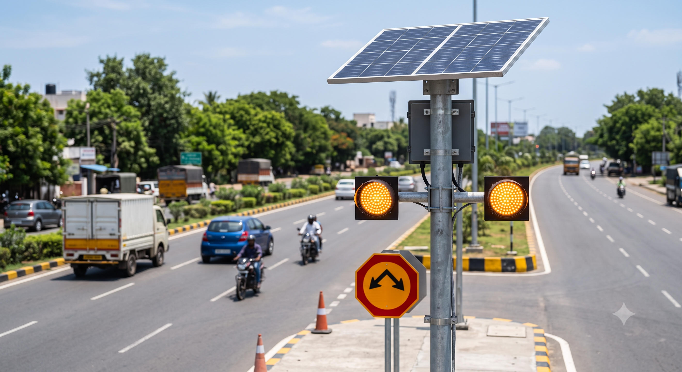Solar LED blinker on road curve