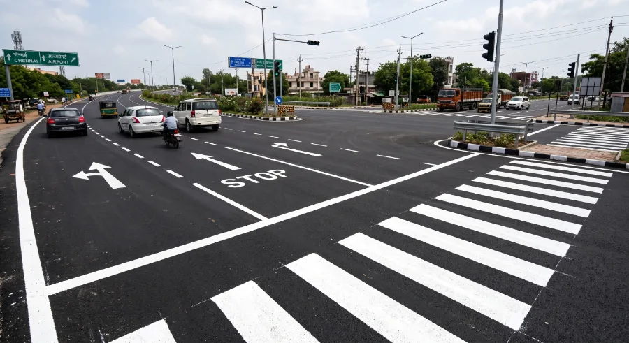 Road marking application in progress