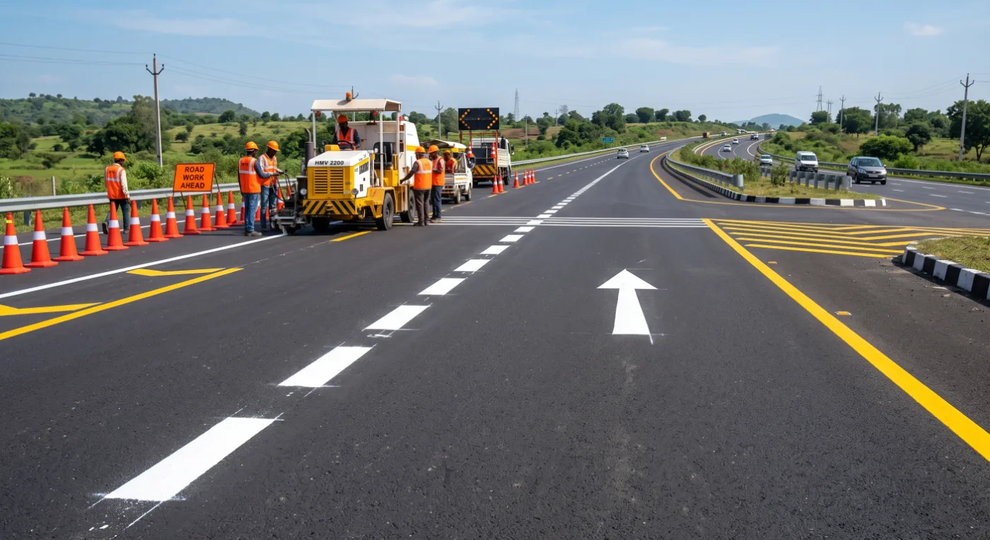 Road marking contractor executing highway lane marking